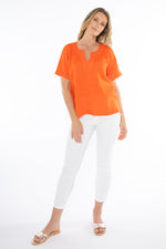 Jump V Neckline Short Sleeve Linen Top in Tangelo