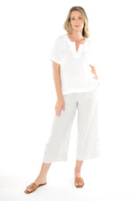 Jump V Neckline Short Sleeve Linen Top in White