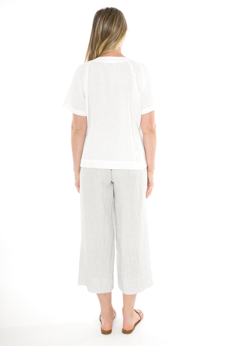 Jump V Neckline Short Sleeve Linen Top in White