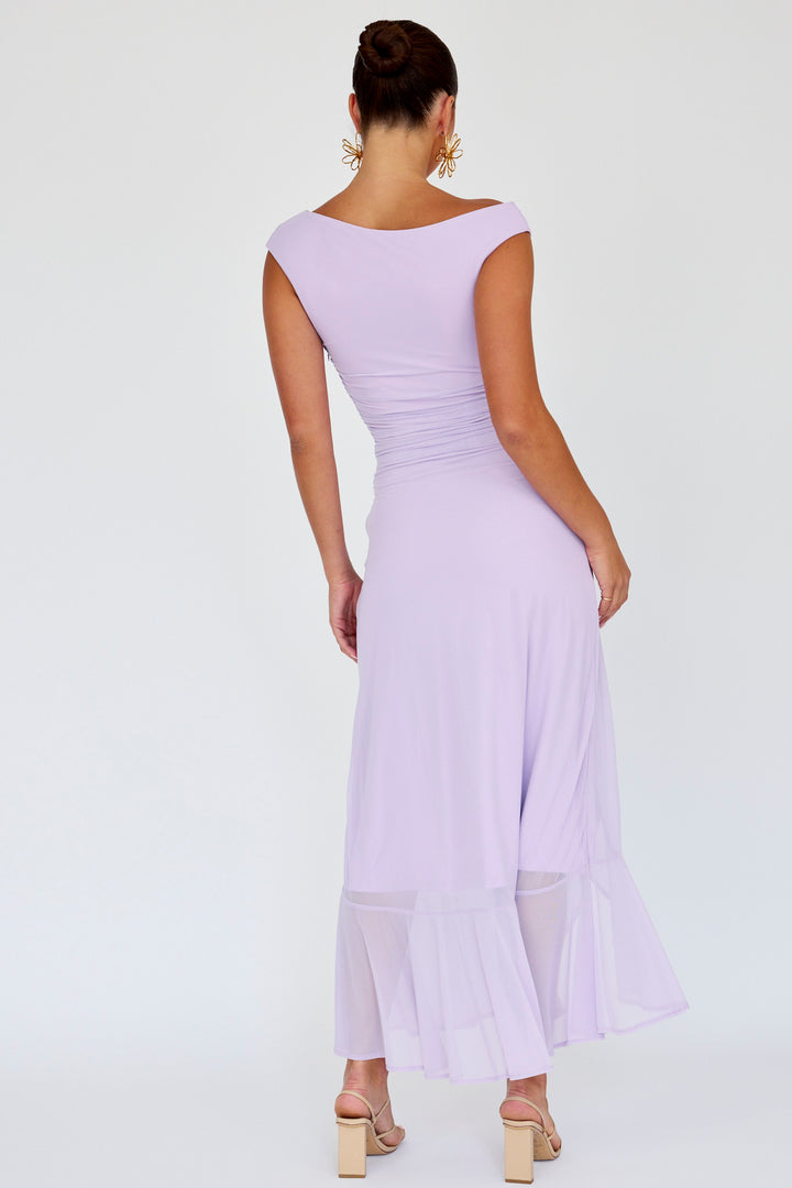 Saints & Secrets Off the Should Rouched Maxi Dress in Lilac