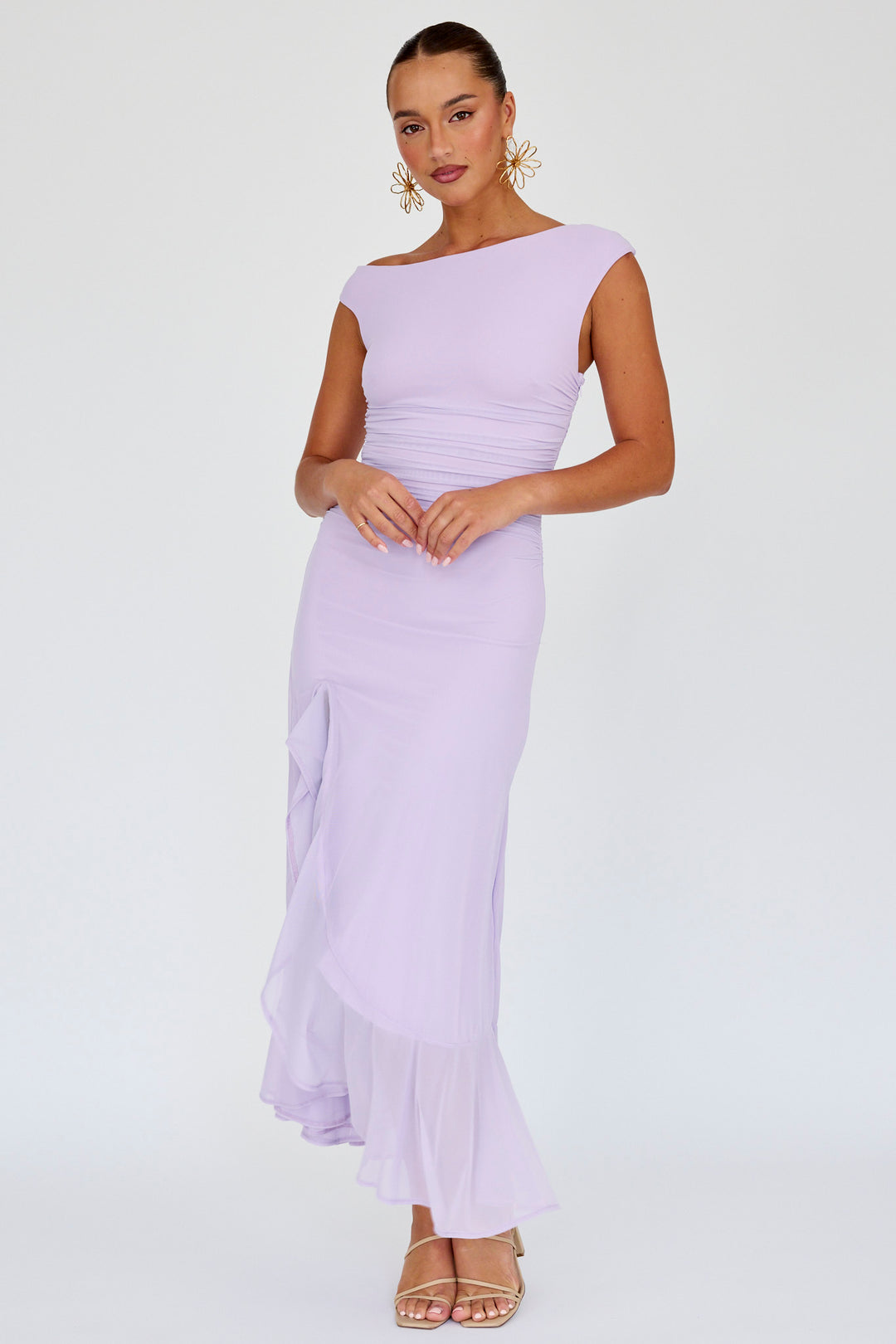 Saints & Secrets Off the Should Rouched Maxi Dress in Lilac