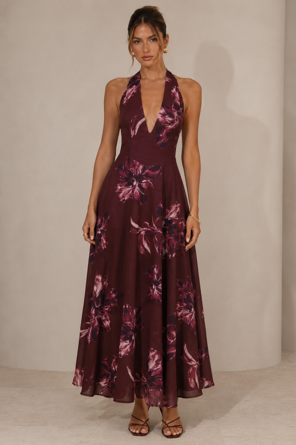 Floral Halter Maxi Dress in Wine Floral