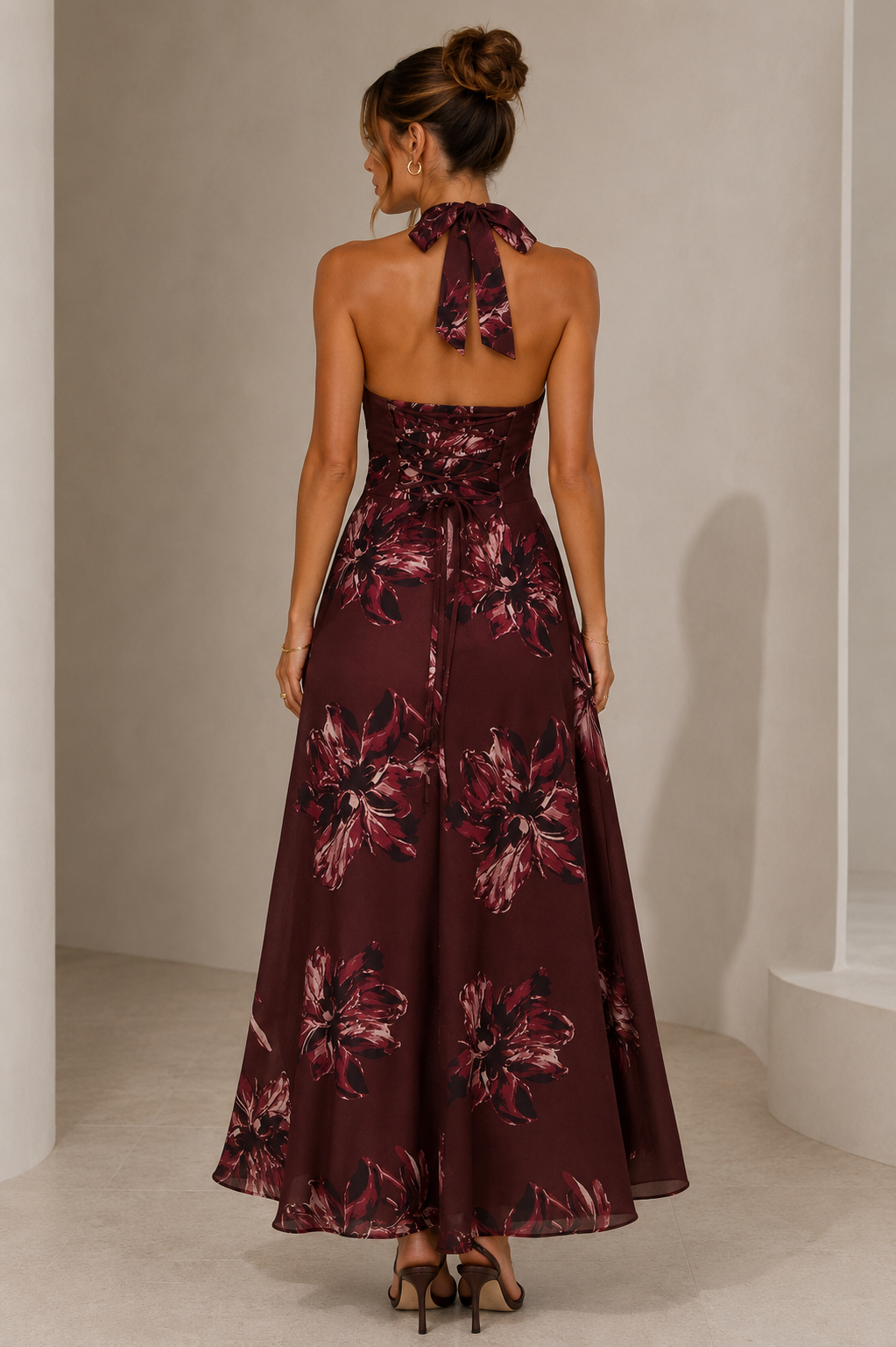 Floral Halter Maxi Dress in Wine Floral