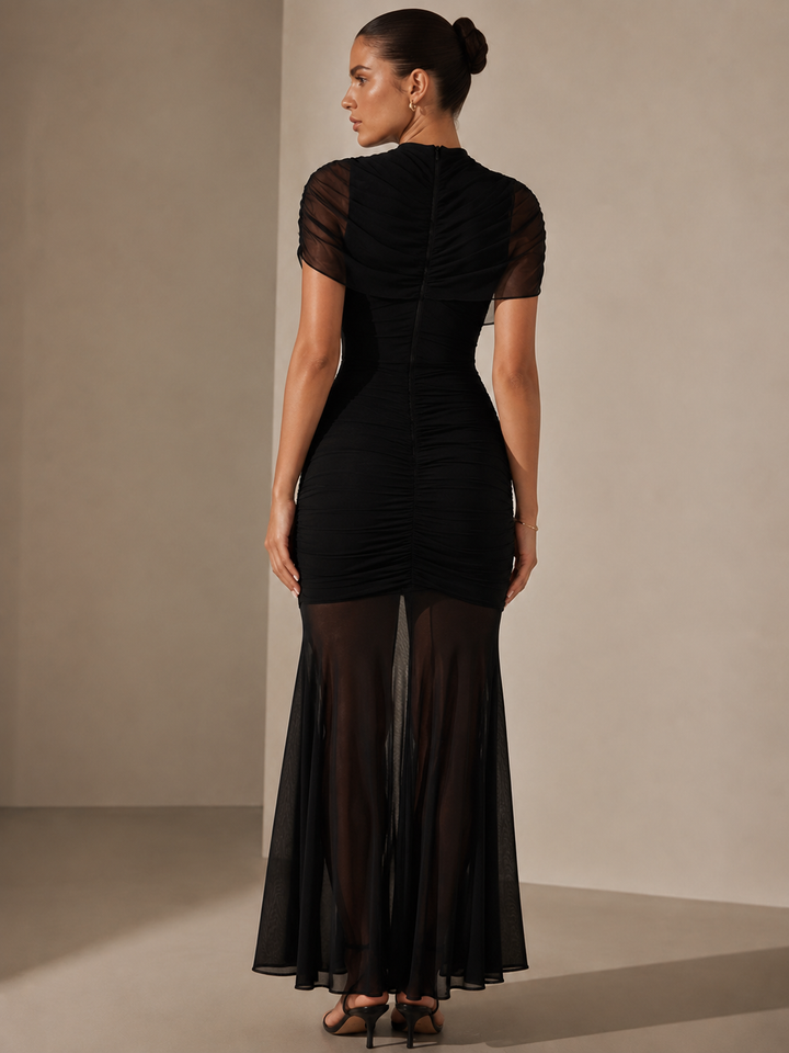 Sheer Mesh Rouched Dress in Black