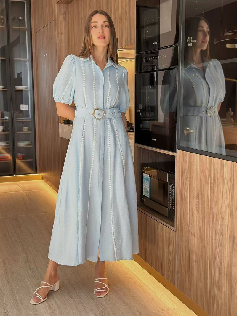 Lorraine Blue Piping Trim Midi Shirt Dress