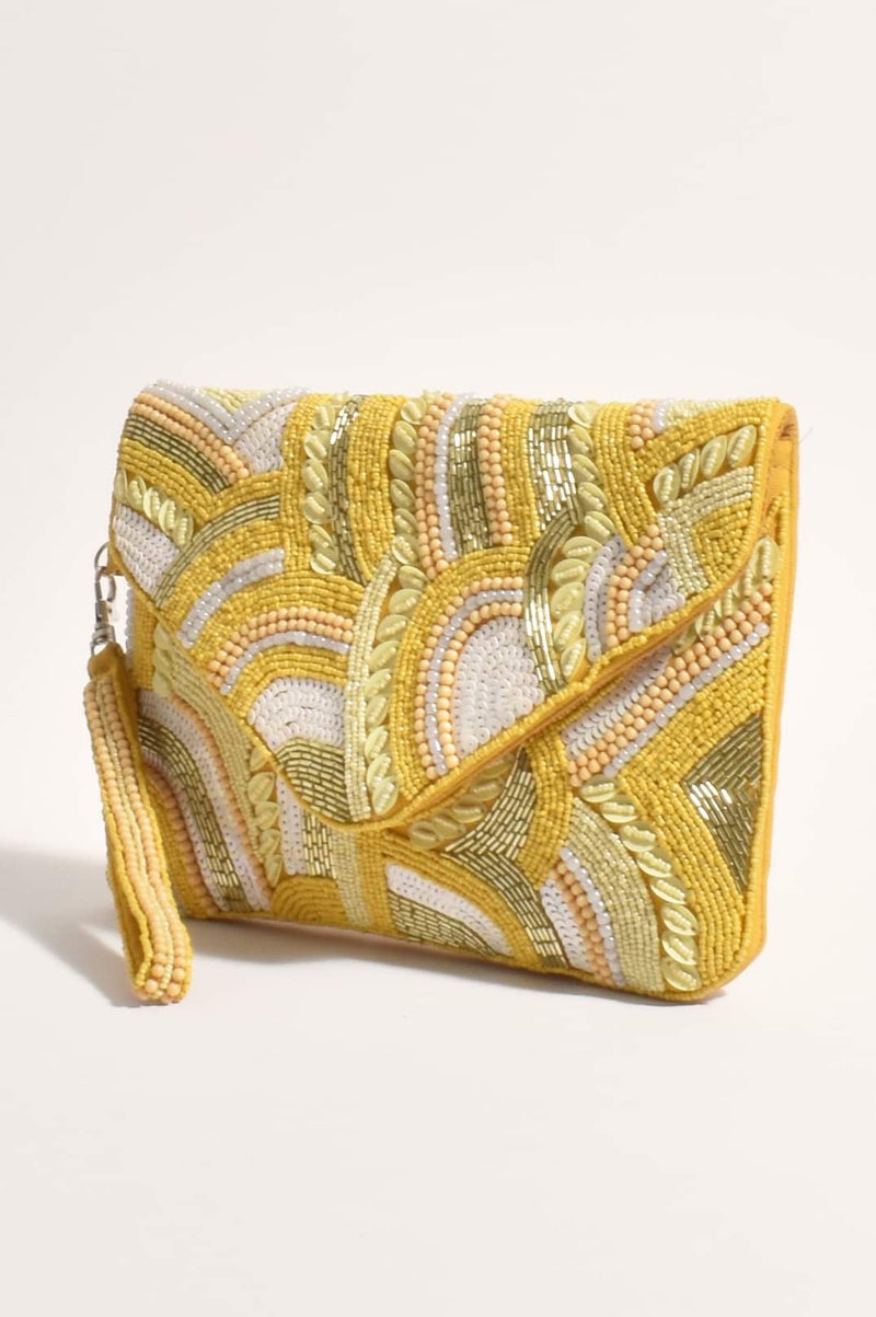 Bead Sequin Mix Pattern Fold over Clutch Yellow multi AVA 2607