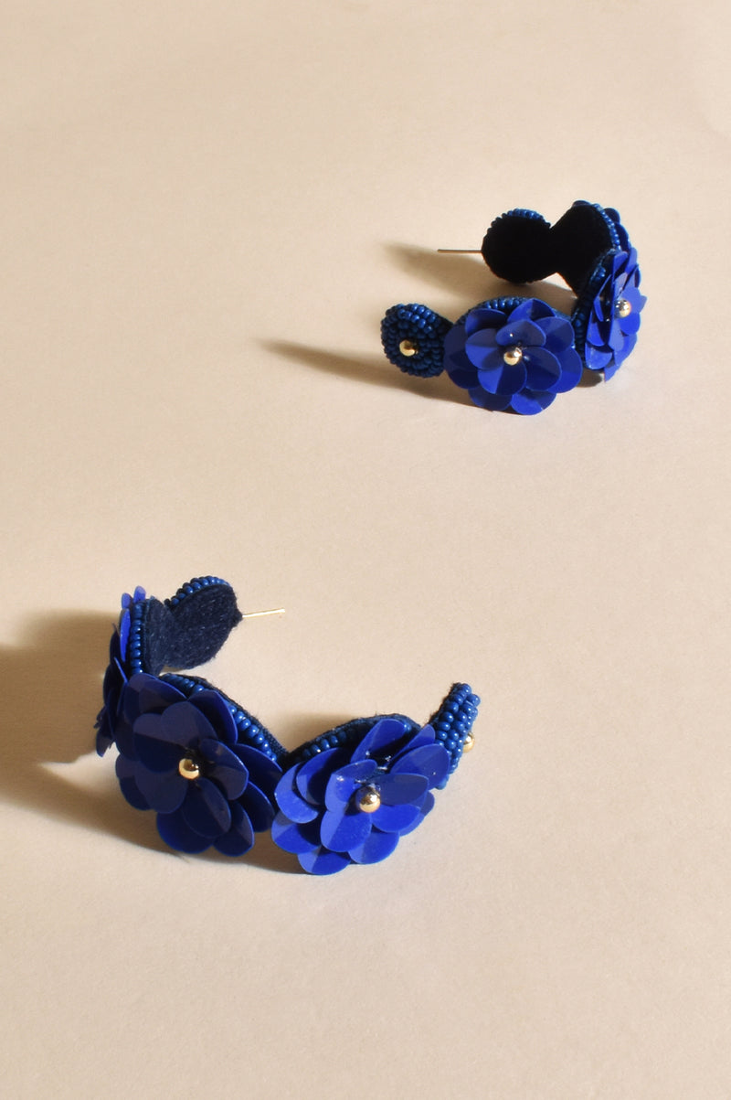 Floral Sequin Hoop Earrings in Cobalt