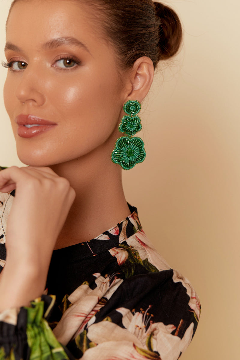 Beaded Bouquet Drop Earrings in Green