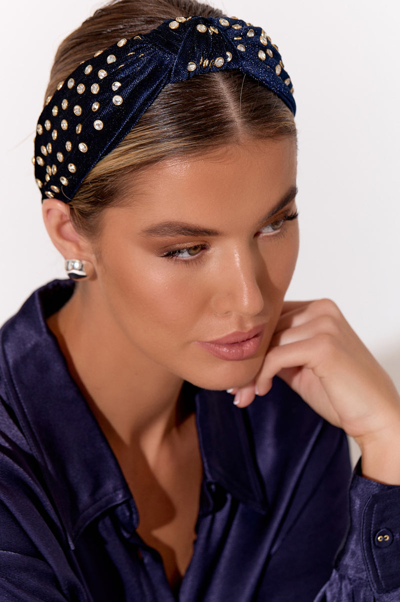 Adorne Jewelled Velvet Headband in Navy AHD0973