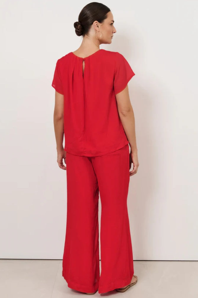 Adorne Candice Pleated Neckline Top in Red