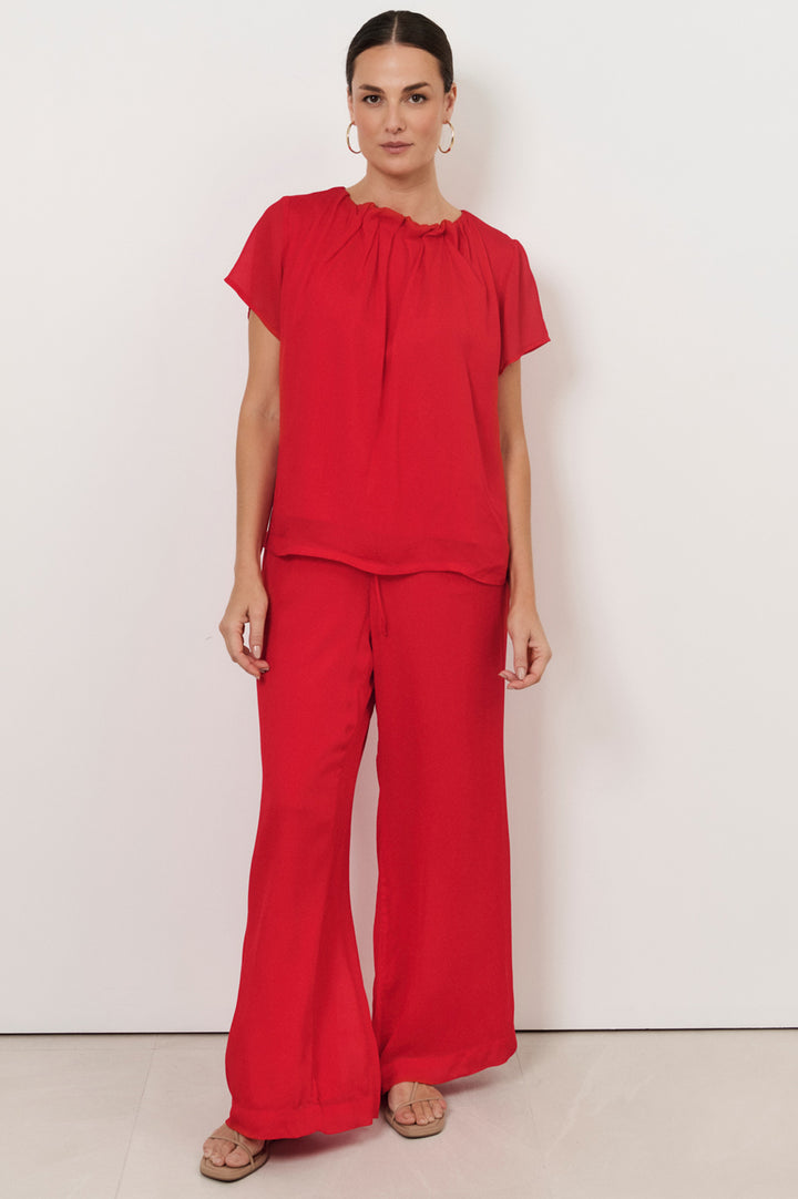 Adorne Candice Pleated Neckline Top in Red