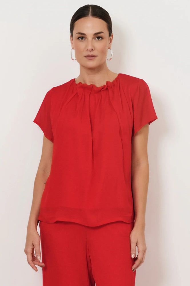 Adorne Candice Pleated Neckline Top in Red