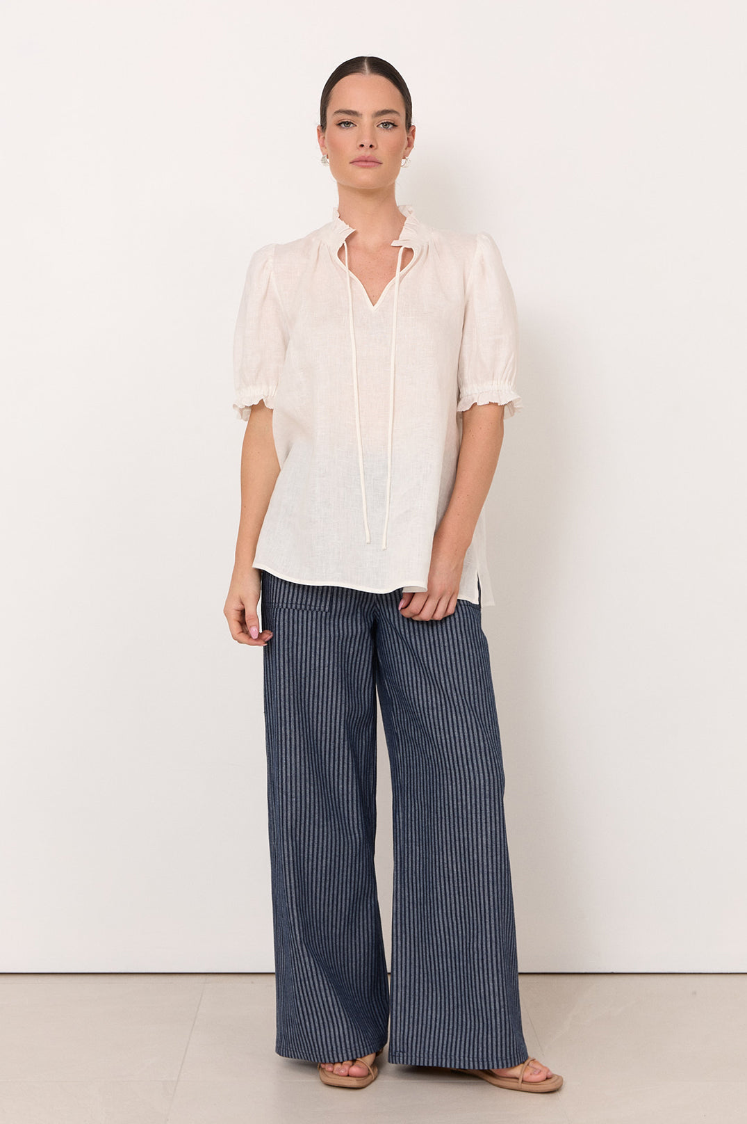 Adorne Sandra Short Sleeve Linen Top in White