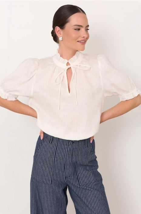 Adorne Sandra Short Sleeve Linen Top in White