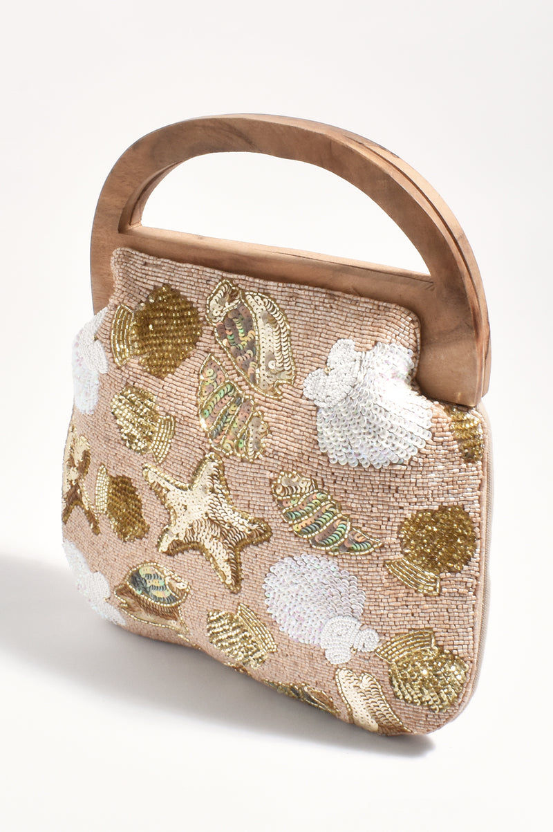 Adorne Nella Seashell Beaded Timber Handle Clutch AVA9628
