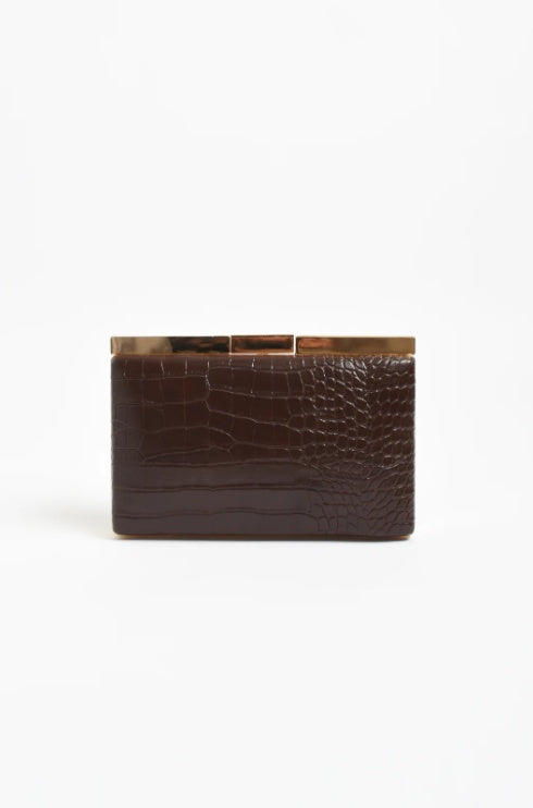 Adorne Savina Croc Structured Clutch in Choc AVD1751