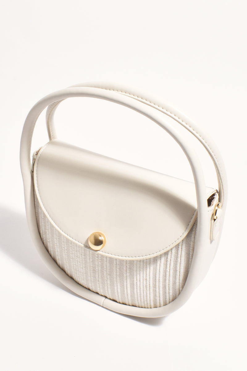 Adorne Violetta Stripe Weave Circular Mini Bag in Cream AXD1899