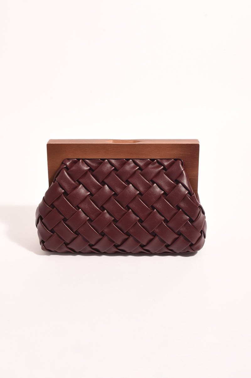 Adorne Vivienne Weave Timber Frame Clutch in Burgundy AXD1908