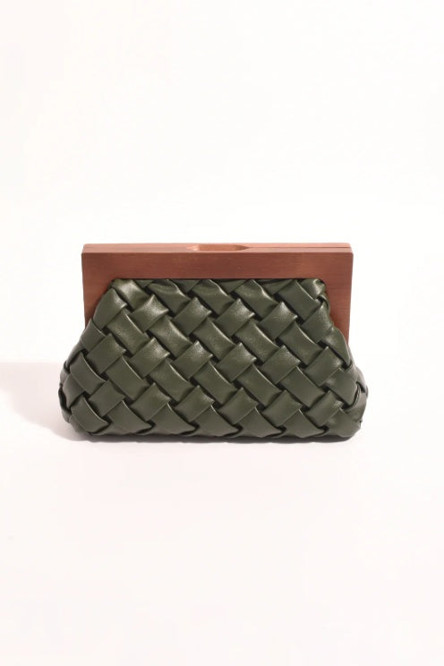 Adorne Vivienne Weave Timber Frame Clutch in Khaki AXD1908