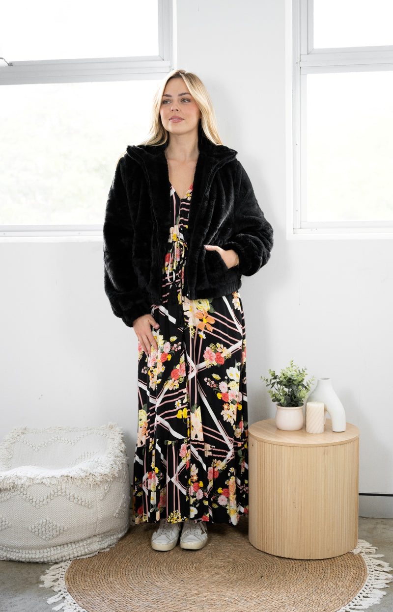 Fria Teddy Zip up Jacket in Black