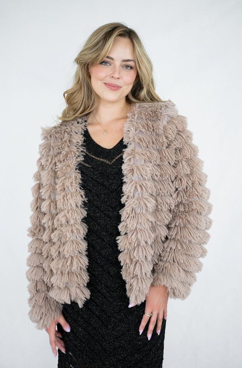 Fria Fringe Fur Coat in Taupe