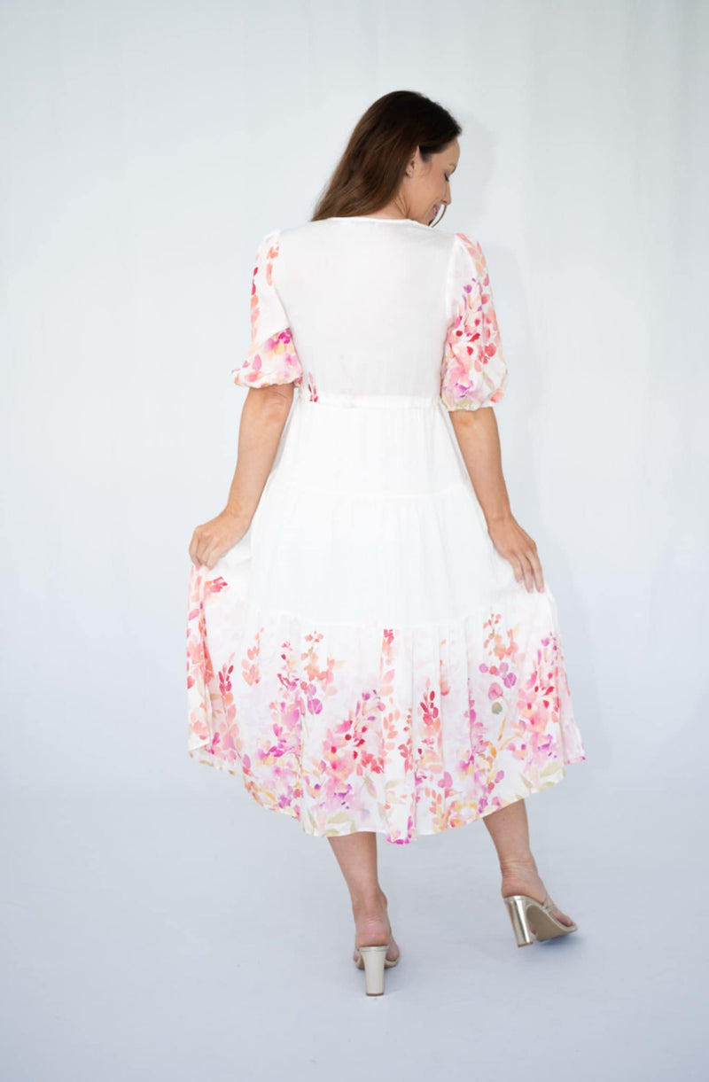 Fria Blossom Border Mock Wrap Midi Dress