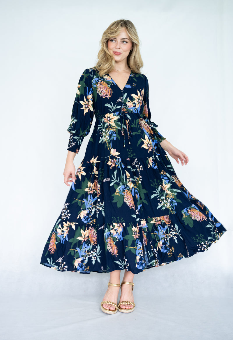 Silver Wishes Navy Floral Maxi