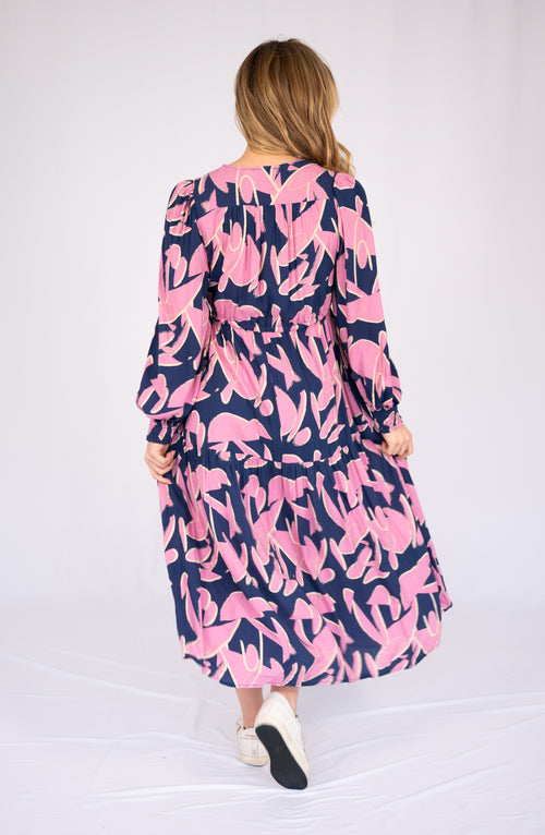Fria Selma Dress in Navy and Pink