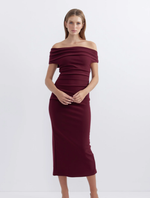 Pasduchas Evie Fitted Body-con Off Sholder Midi in Wine