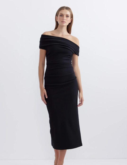 Pasduchas Evie Fitted Body-con Off Sholder Midi in Black