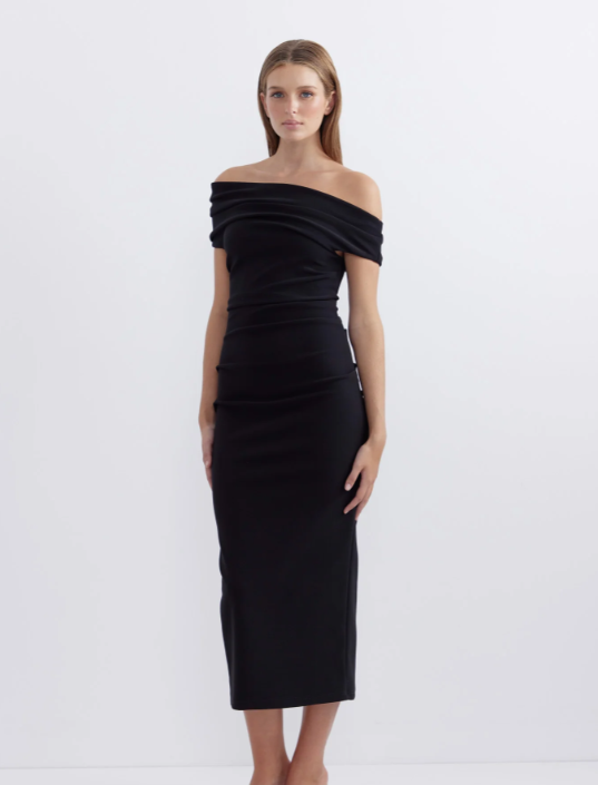 Pasduchas Evie Fitted Body-con Off Sholder Midi in Black