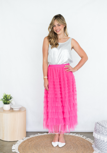 Fria Ruffle Mesh Party Skirt in Pink