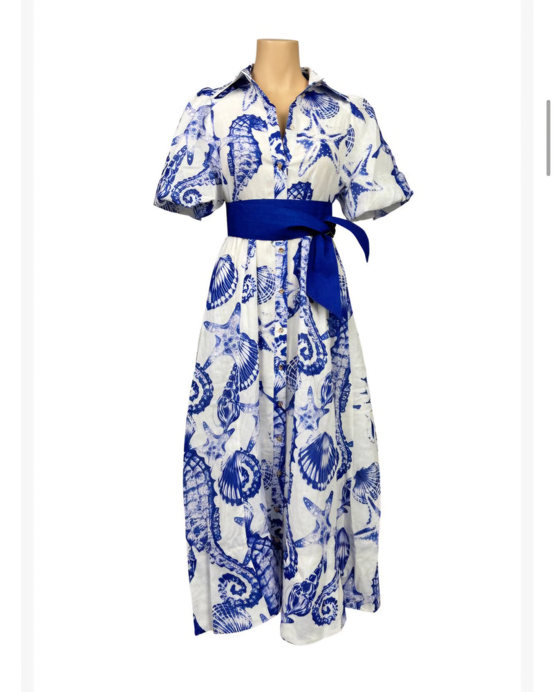 Lorraine Blue and White Seahorse Maxi Dress