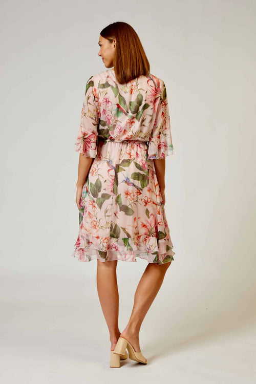 L'amore Chiffon Frilled Neckline Dress in Pink and Green Floral