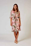 L'amore Chiffon Frilled Neckline Dress in Pink and Green Floral