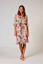 L'amore Chiffon Frilled Neckline Dress in Pink and Green Floral