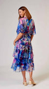 L'amore Cross Over Neckline Layers Skirt Dress in Blue and Pink Floral