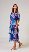 L'amore Cross Over Neckline Layers Skirt Dress in Blue and Pink Floral