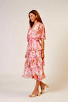 L'amore Cross Over Neckline Layers Skirt Dress in Pink Floral Print