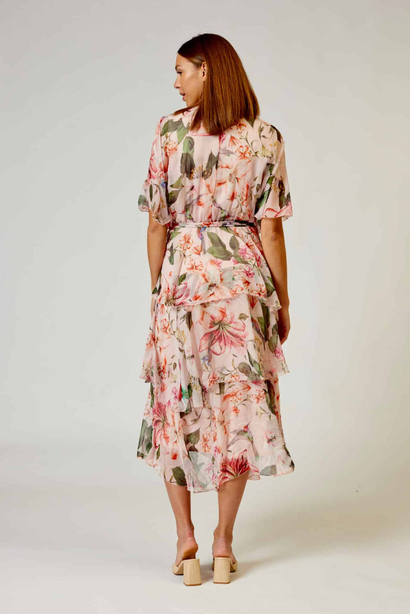 L'amore Cross Over Neckline Layers Skirt Dress in Pink and Green Print