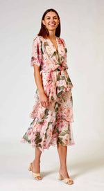 L'amore Cross Over Neckline Layers Skirt Dress in Pink Floral Print