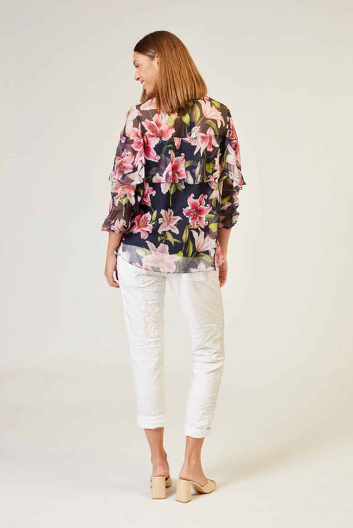 L'amore Chiffon Frilled Cape Look Top in Navy and Pink Floral