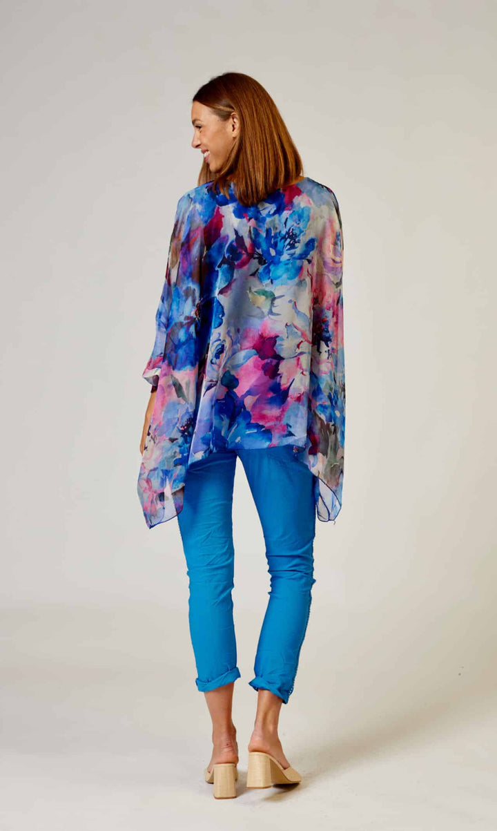 L'amore Chiffon Kaftan Top in Blue and Pink Floral