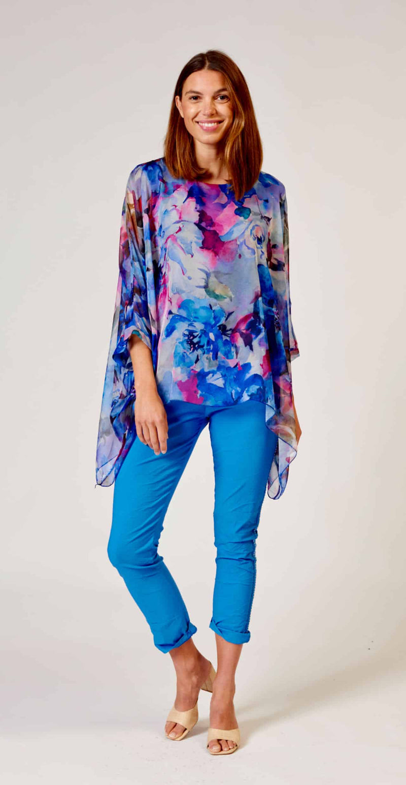 L'amore Chiffon Kaftan Top in Blue and Pink Floral
