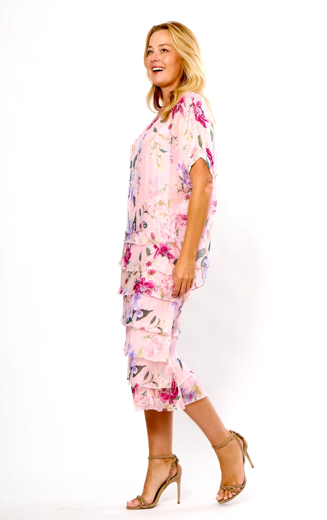 La Strada Multi-Layer Silk Dress in Pink Floral