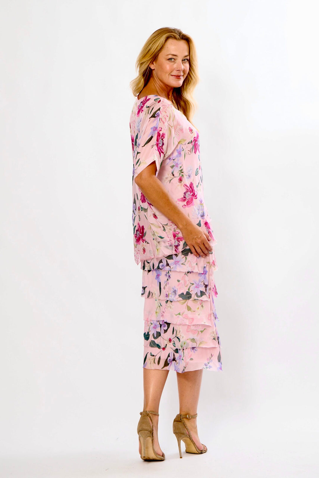 La Strada Multi-Layer Silk Dress in Pink Floral