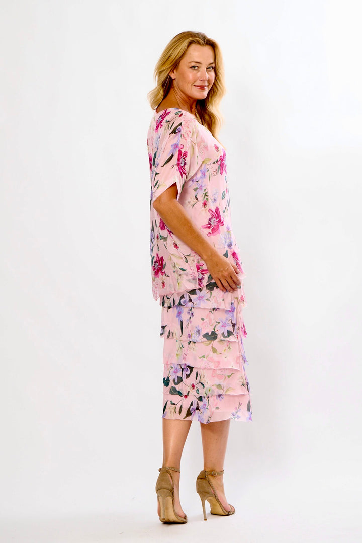 La Strada Multi-Layer Silk Dress in Pink Floral