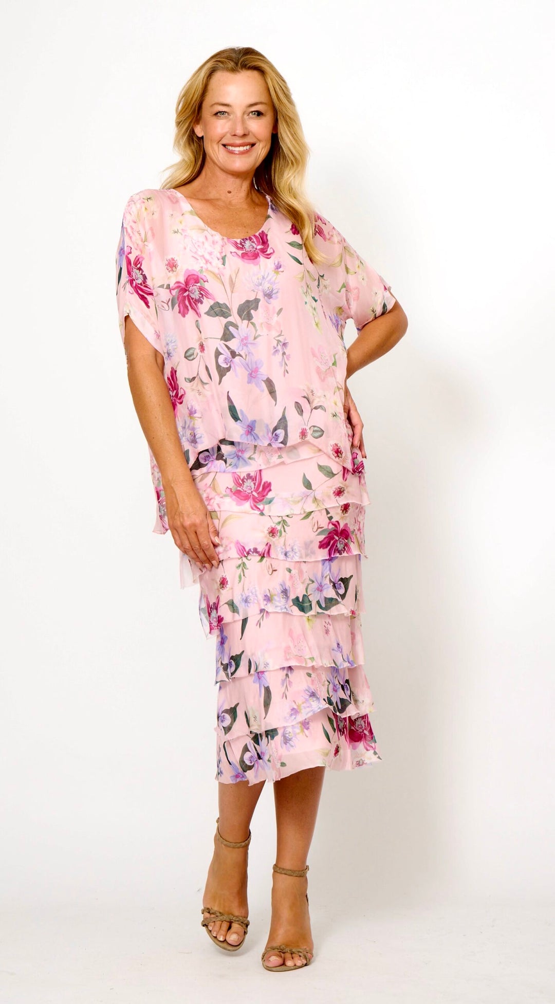 La Strada Multi-Layer Silk Dress in Pink Floral