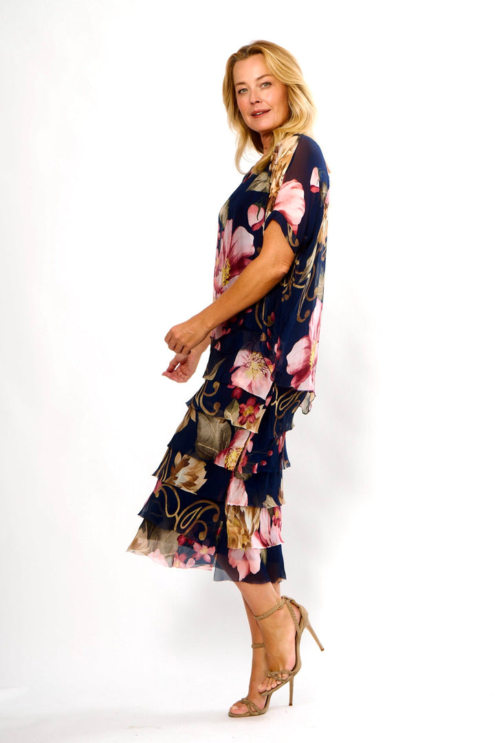 La Strada Multi-Layer Silk Dress in Navy Floral