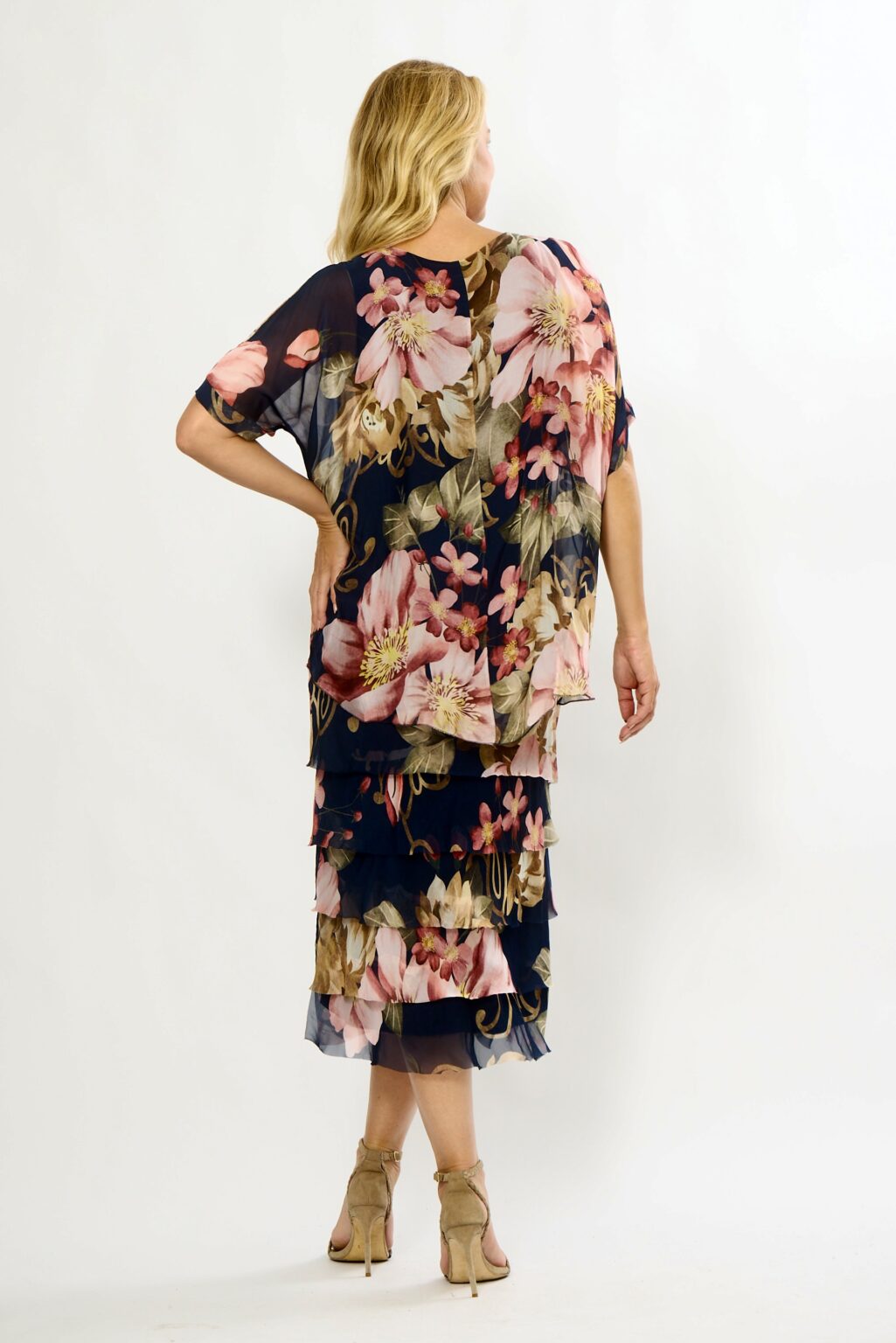 La Strada Multi-Layer Silk Dress in Navy Floral